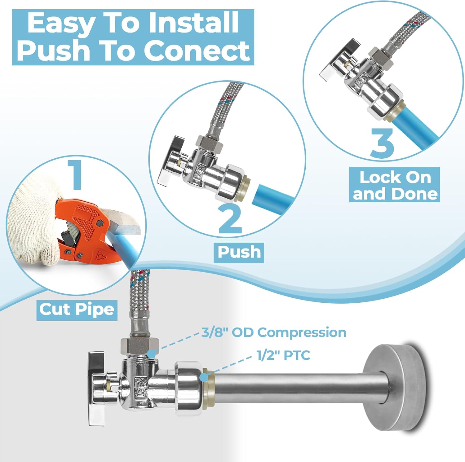 5PCS 1/2 x 3/8 Inch Compression Angle Stop Valve Set - No Lead Brass, Push to Connect Plumbing Fitting for Copper, CPVC, PE-RT, PEX Pipe