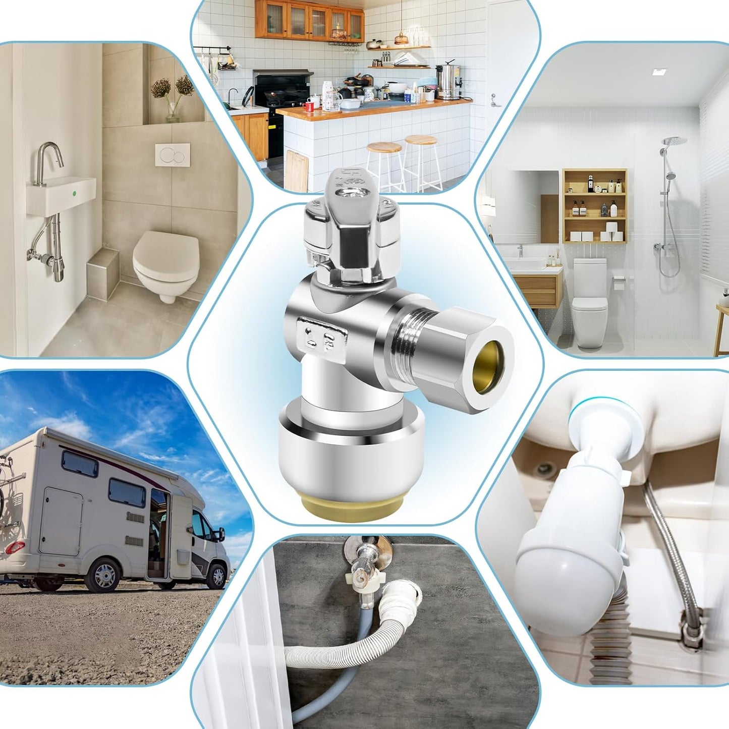 5PCS 1/2 x 3/8 Inch Compression Angle Stop Valve Set - No Lead Brass, Push to Connect Plumbing Fitting for Copper, CPVC, PE-RT, PEX Pipe