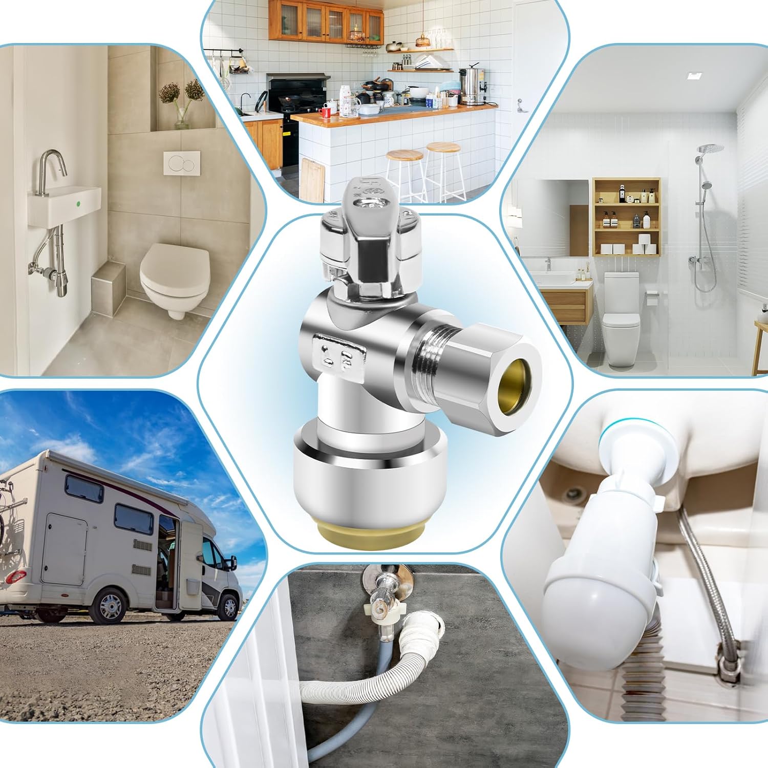 5PCS 1/2 x 3/8 Inch Compression Angle Stop Valve Set - No Lead Brass, Push to Connect Plumbing Fitting for Copper, CPVC, PE-RT, PEX Pipe