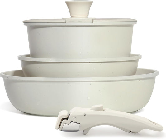 5PCS Cuisinluv Non Stick Pots and Pans Set with Detachable Handle - Induction Cookware for RV Cooking - Dishwasher & Oven Safe Cream White