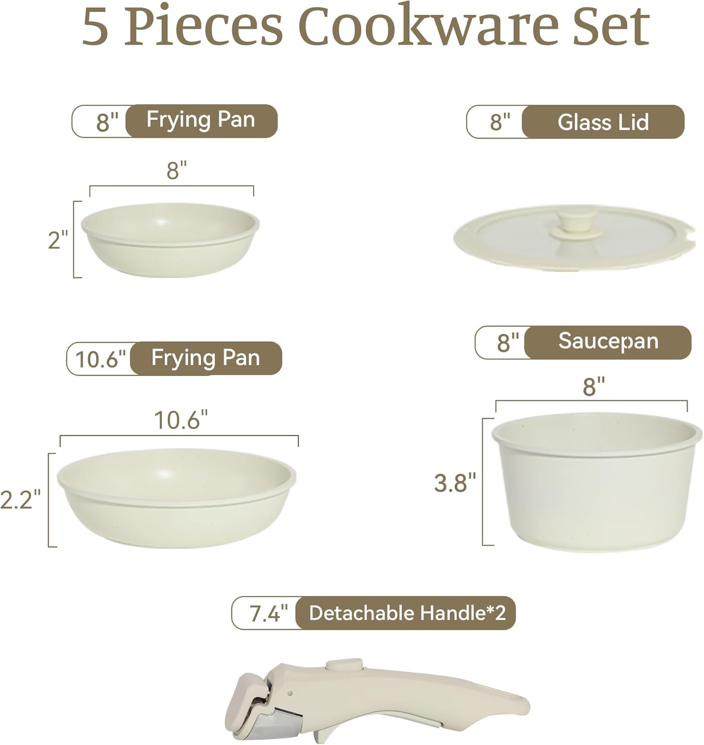 5PCS Cuisinluv Non Stick Pots and Pans Set with Detachable Handle - Induction Cookware for RV Cooking - Dishwasher & Oven Safe Cream White
