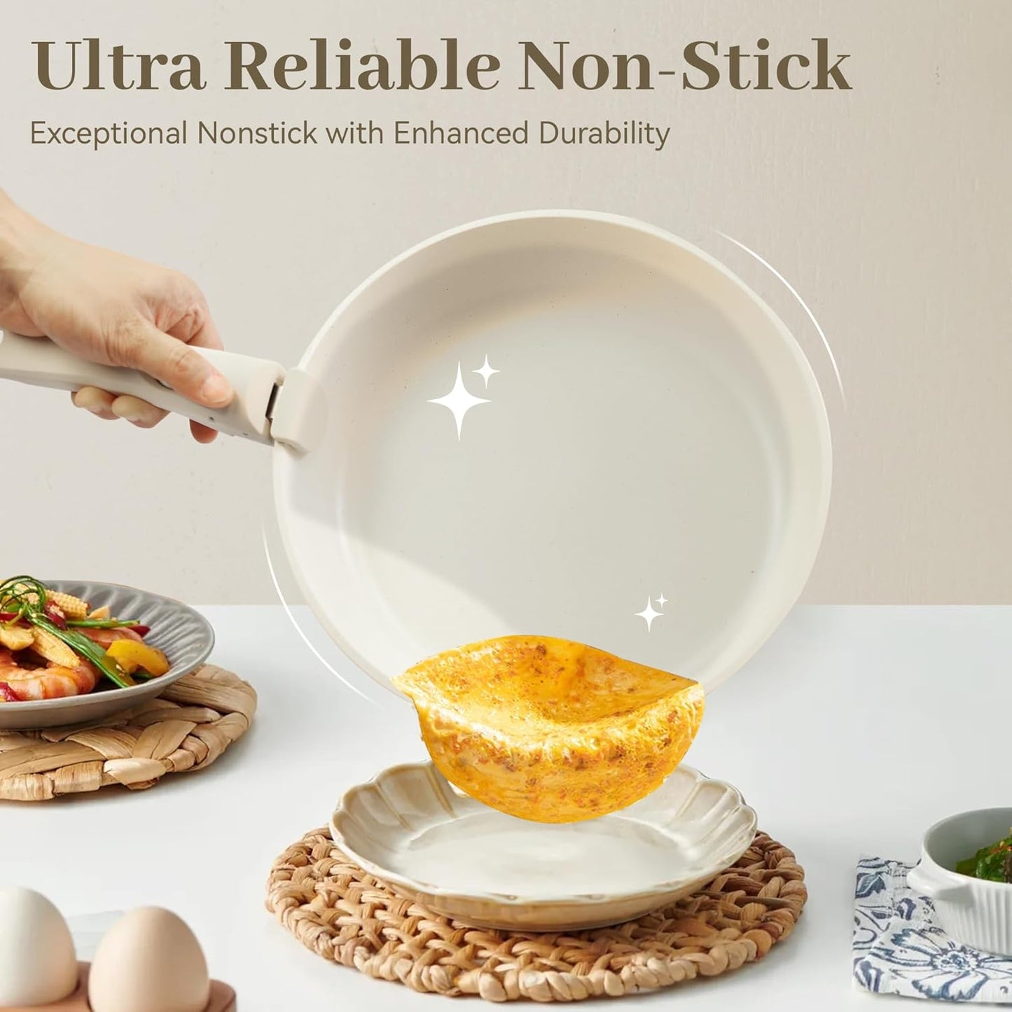 5PCS Cuisinluv Non Stick Pots and Pans Set with Detachable Handle - Induction Cookware for RV Cooking - Dishwasher & Oven Safe Cream White