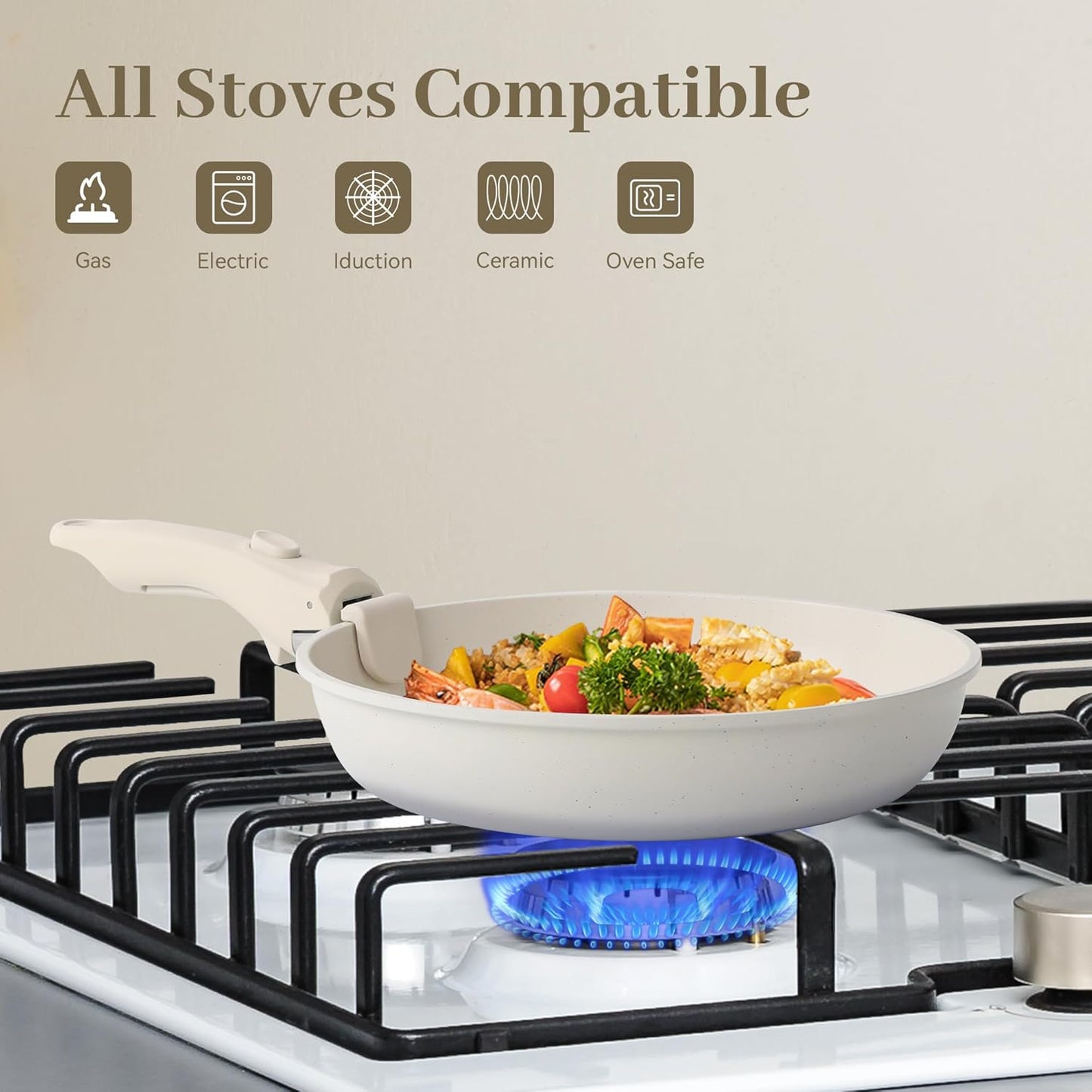 5PCS Cuisinluv Non Stick Pots and Pans Set with Detachable Handle - Induction Cookware for RV Cooking - Dishwasher & Oven Safe Cream White