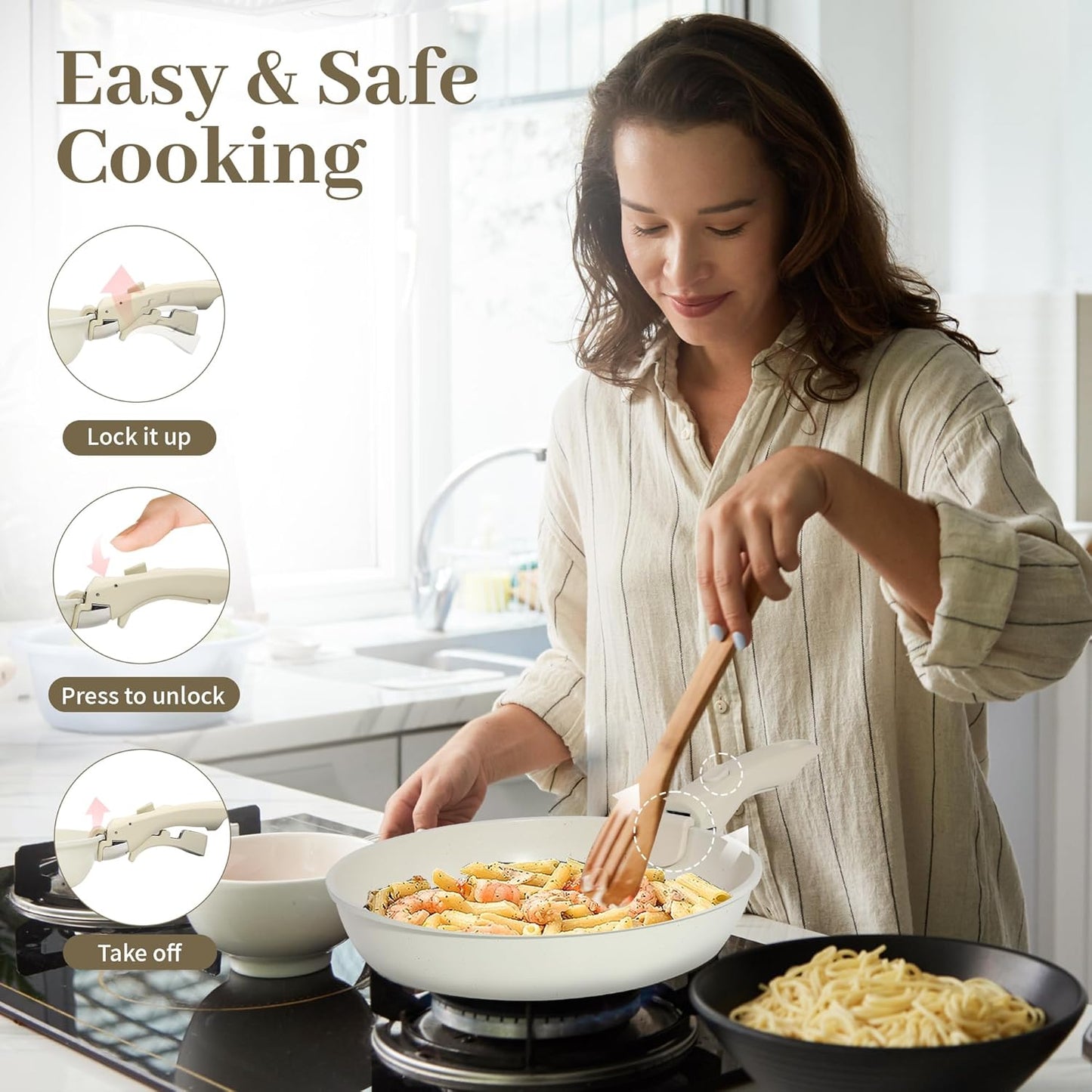 5PCS Cuisinluv Non Stick Pots and Pans Set with Detachable Handle - Induction Cookware for RV Cooking - Dishwasher & Oven Safe Cream White