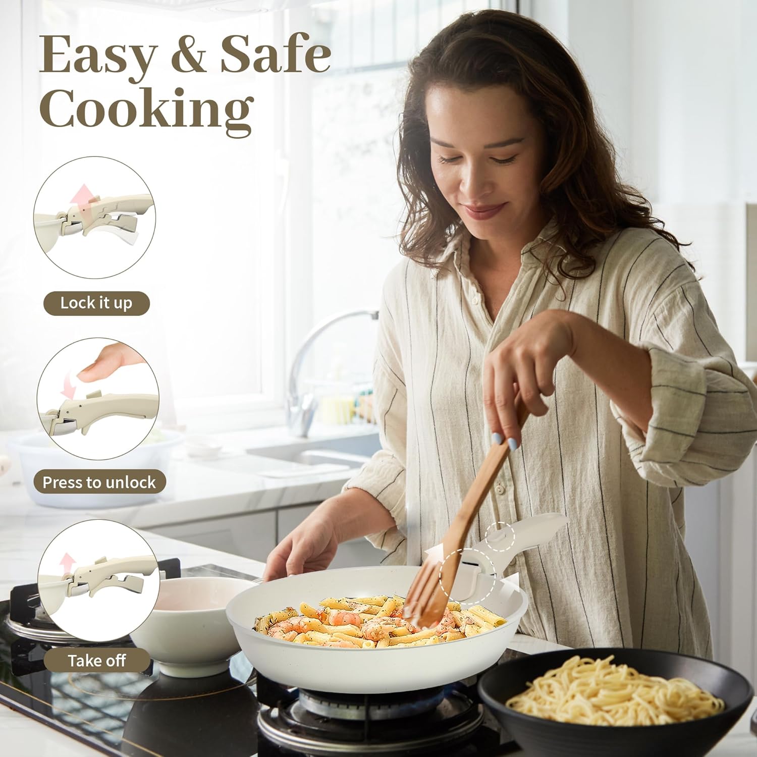 5PCS Cuisinluv Non Stick Pots and Pans Set with Detachable Handle - Induction Cookware for RV Cooking - Dishwasher & Oven Safe Cream White