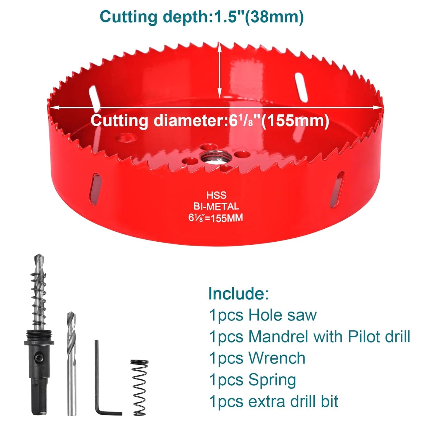 6-1/8 Inch Hole Saw for Wood, Plastic, Ceiling, Drywall, Plasterboard, and Metal - HSS Bi-Metal Cutter with Pilot Bit