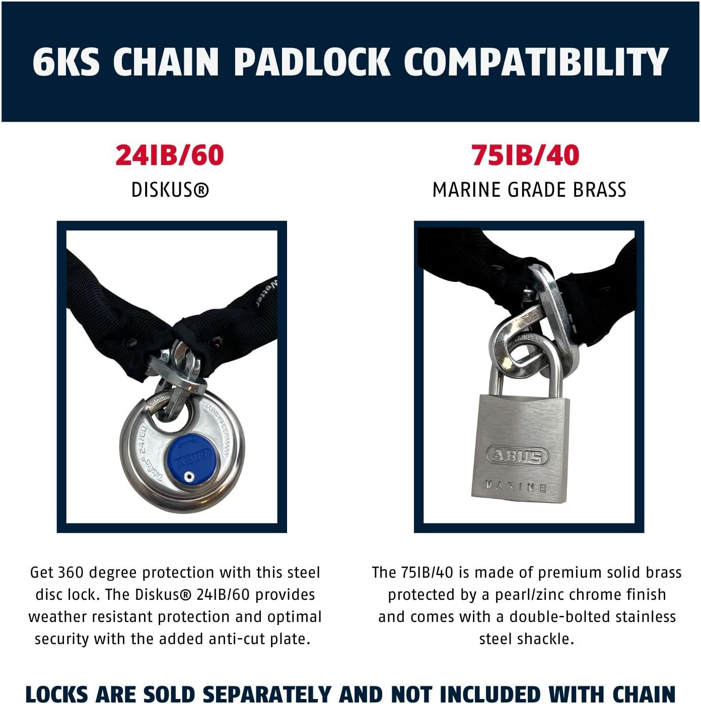 6 Foot ABUS Hardened Steel Square Security Chain for Bikes with Discus Padlock - Ideal for Bikes, Containers, Trailers