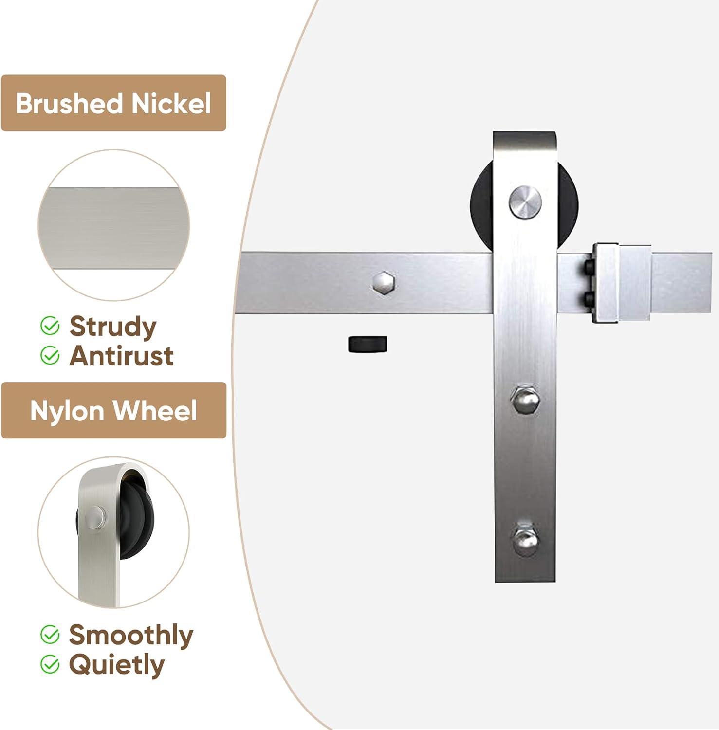 6 FT Brushed Nickel Sliding Barn Door Hardware Kit - Smooth & Quiet Hanger Roller Track Set - Heavy Duty J Shape Roller - Easy Install - Nickle Barn Door Track