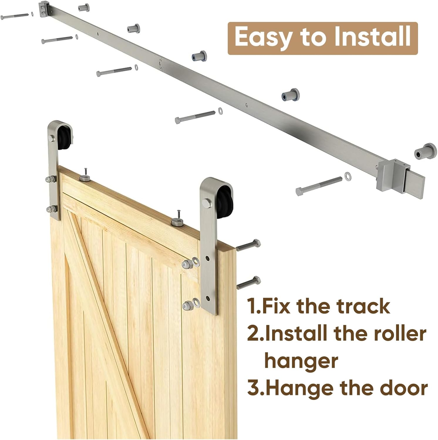 6 FT Brushed Nickel Sliding Barn Door Hardware Kit - Smooth & Quiet Hanger Roller Track Set - Heavy Duty J Shape Roller - Easy Install - Nickle Barn Door Track