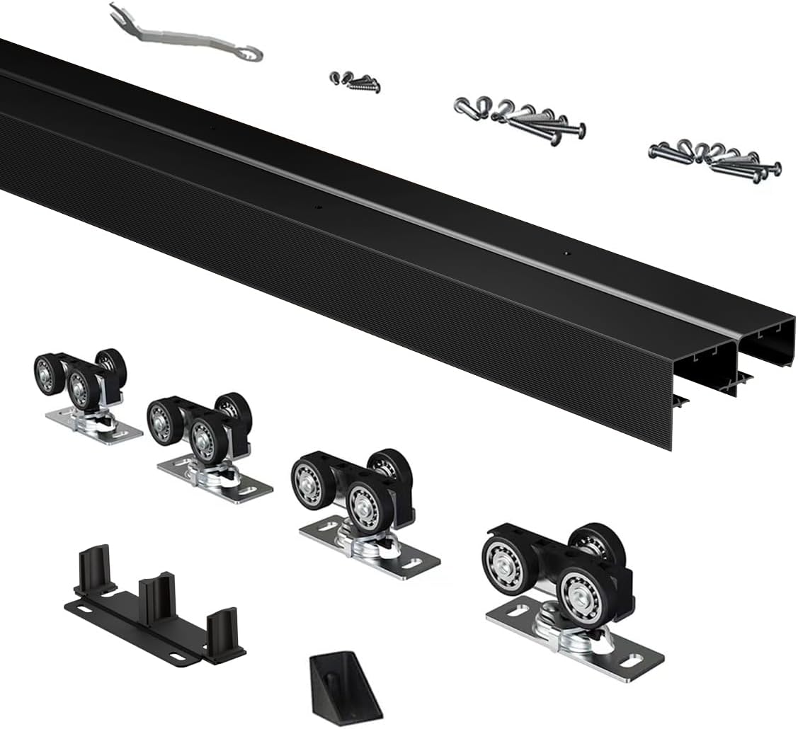 6 FT Heavy Duty Bypass Sliding Closet Door Track Hardware Set, Smooth & Quiet, 72" Aluminium Pocket Door Rail, Black, for 2 Door System