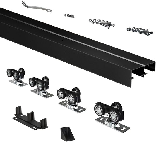 6 FT Heavy Duty Bypass Sliding Closet Door Track Hardware Set, Smooth & Quiet, 72" Aluminium Pocket Door Rail, Black, for 2 Door System