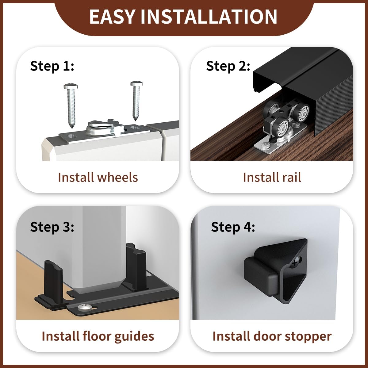 6 FT Heavy Duty Bypass Sliding Closet Door Track Hardware Set, Smooth & Quiet, 72" Aluminium Pocket Door Rail, Black, for 2 Door System