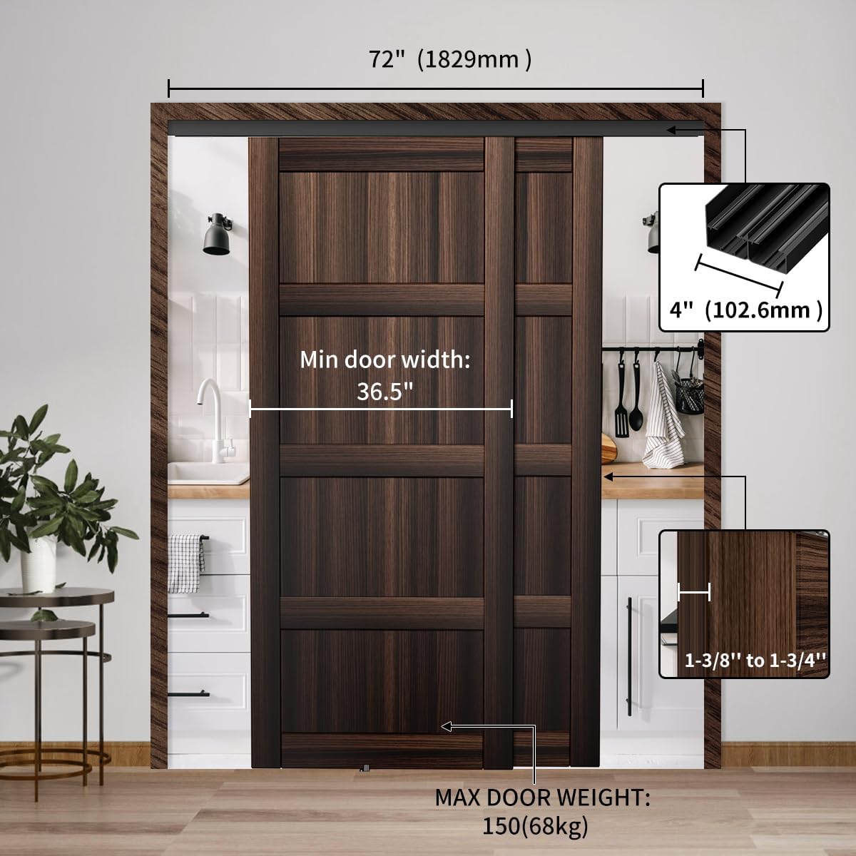 6 FT Heavy Duty Bypass Sliding Closet Door Track Hardware Set, Smooth & Quiet, 72" Aluminium Pocket Door Rail, Black, for 2 Door System