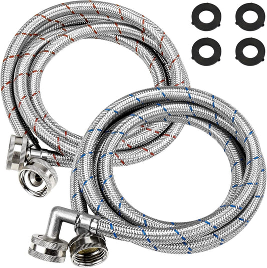 6 Ft Long Red and Blue Stainless Steel Washer Hoses with 90 Degree Elbows - Set of 2, Burst Proof Hot and Cold Water Supply Lines for Washing Machine by Beaquicy