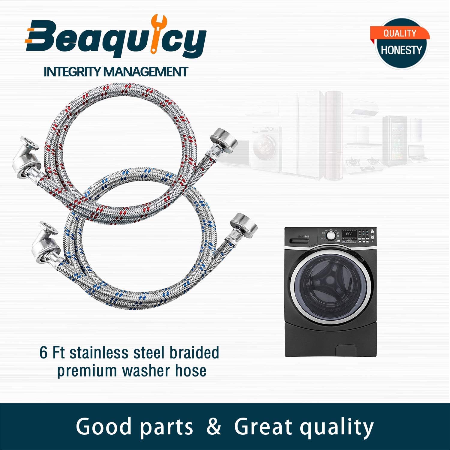 6 Ft Long Red and Blue Stainless Steel Washer Hoses with 90 Degree Elbows - Set of 2, Burst Proof Hot and Cold Water Supply Lines for Washing Machine by Beaquicy