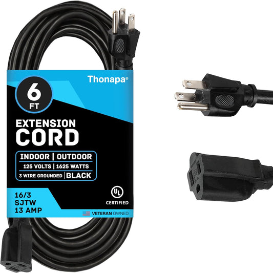 6 ft Thonapa Outdoor Extension Cord - 13 Amp, 16/3 SJTW, 3 Prong Black Power Cable for Outside Lights & Lawn - Weatherproof, UL Certified by US Veteran Owned Company