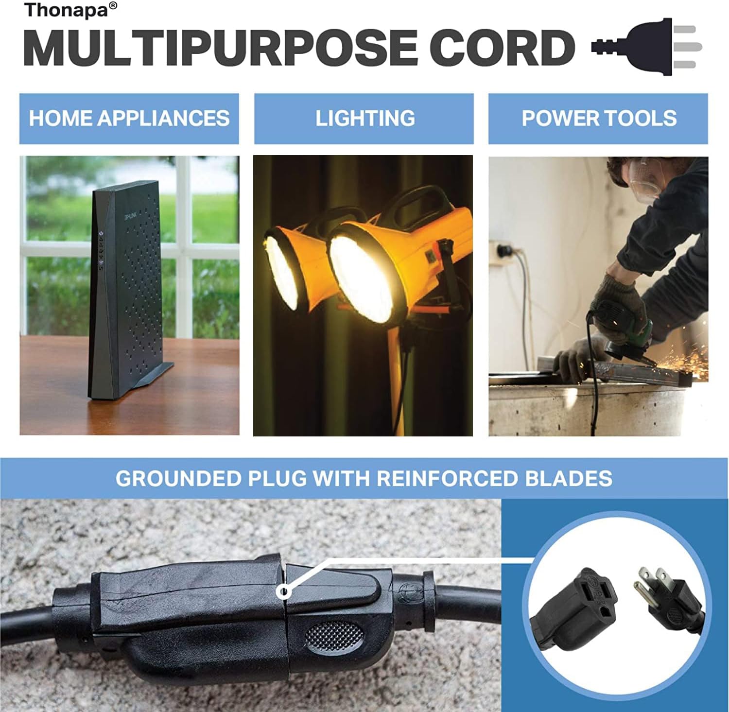 6 ft Thonapa Outdoor Extension Cord - 13 Amp, 16/3 SJTW, 3 Prong Black Power Cable for Outside Lights & Lawn - Weatherproof, UL Certified by US Veteran Owned Company