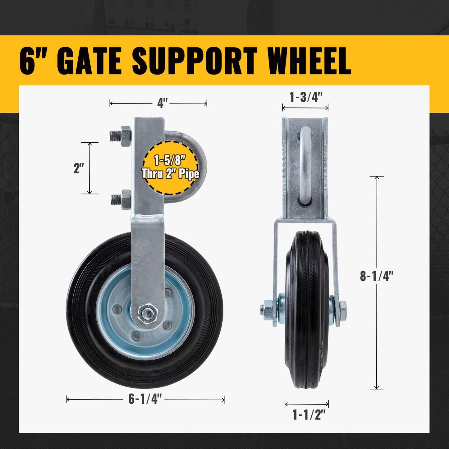 6" Heavy Duty Gate Wheel for Metal Tube Gates - Fits 1-5/8" to 2" Frames - Ideal for Swing Chain Link Fences - 1 Piece