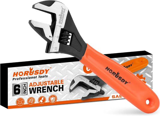 6" HORUSDY Adjustable Wrench Pipe Spanner with Wide Jaw, Black Oxide Finish, Cushion Grip, Metric & SAE Scales, CR-V Steel - Ideal for Professionals