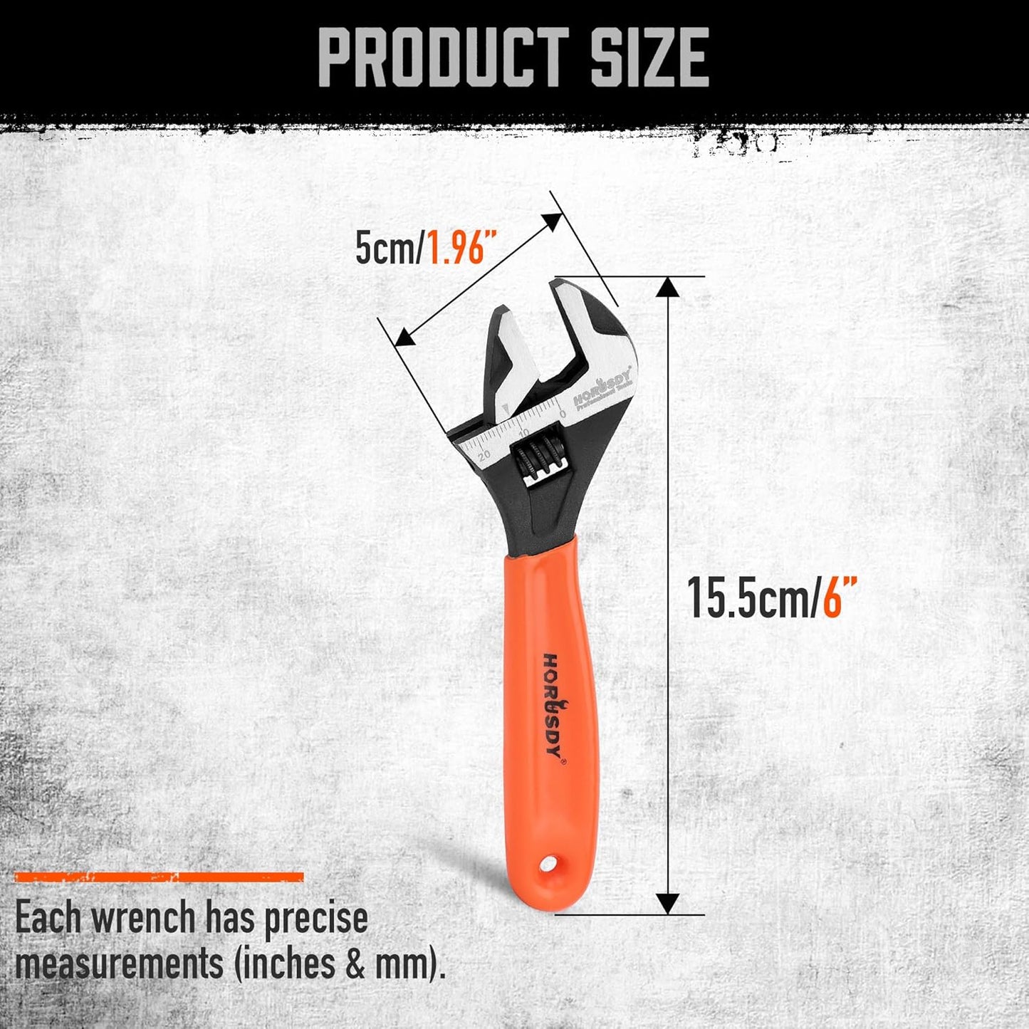 6" HORUSDY Adjustable Wrench Pipe Spanner with Wide Jaw, Black Oxide Finish, Cushion Grip, Metric & SAE Scales, CR-V Steel - Ideal for Professionals
