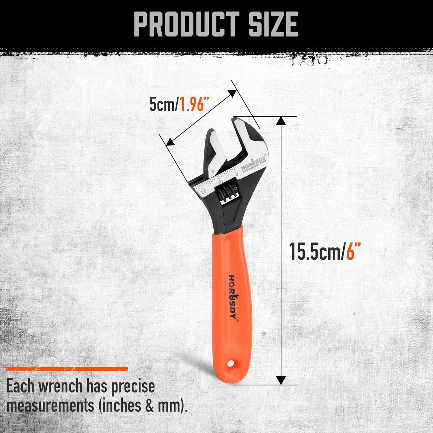 6" HORUSDY Adjustable Wrench Pipe Spanner with Wide Jaw, Black Oxide Finish, Cushion Grip, Metric & SAE Scales, CR-V Steel - Ideal for Professionals