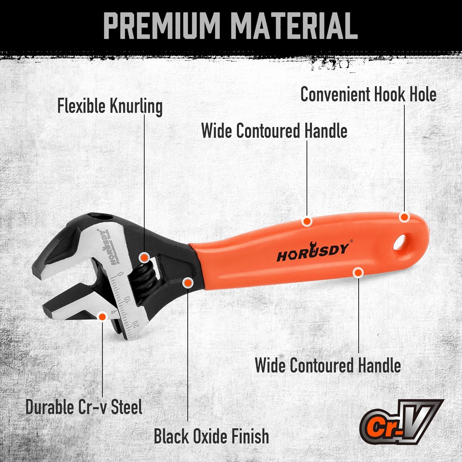 6" HORUSDY Adjustable Wrench Pipe Spanner with Wide Jaw, Black Oxide Finish, Cushion Grip, Metric & SAE Scales, CR-V Steel - Ideal for Professionals