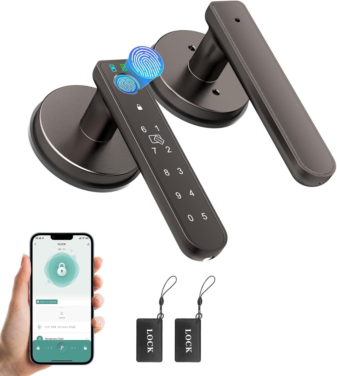 6-in-1 Smart Fingerprint Door Lock with App Control, IC Cards, Passwords, Keys - Biometric Lock for Bedroom Apartment in Coffee Brown