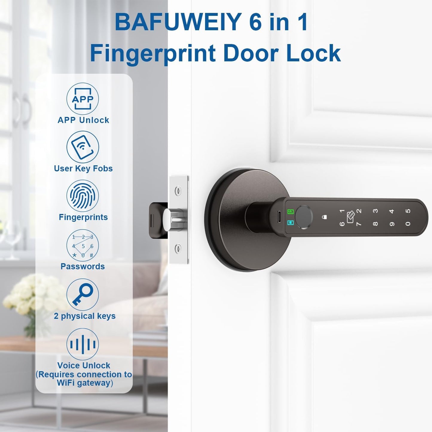 6-in-1 Smart Fingerprint Door Lock with App Control, IC Cards, Passwords, Keys - Biometric Lock for Bedroom Apartment in Coffee Brown