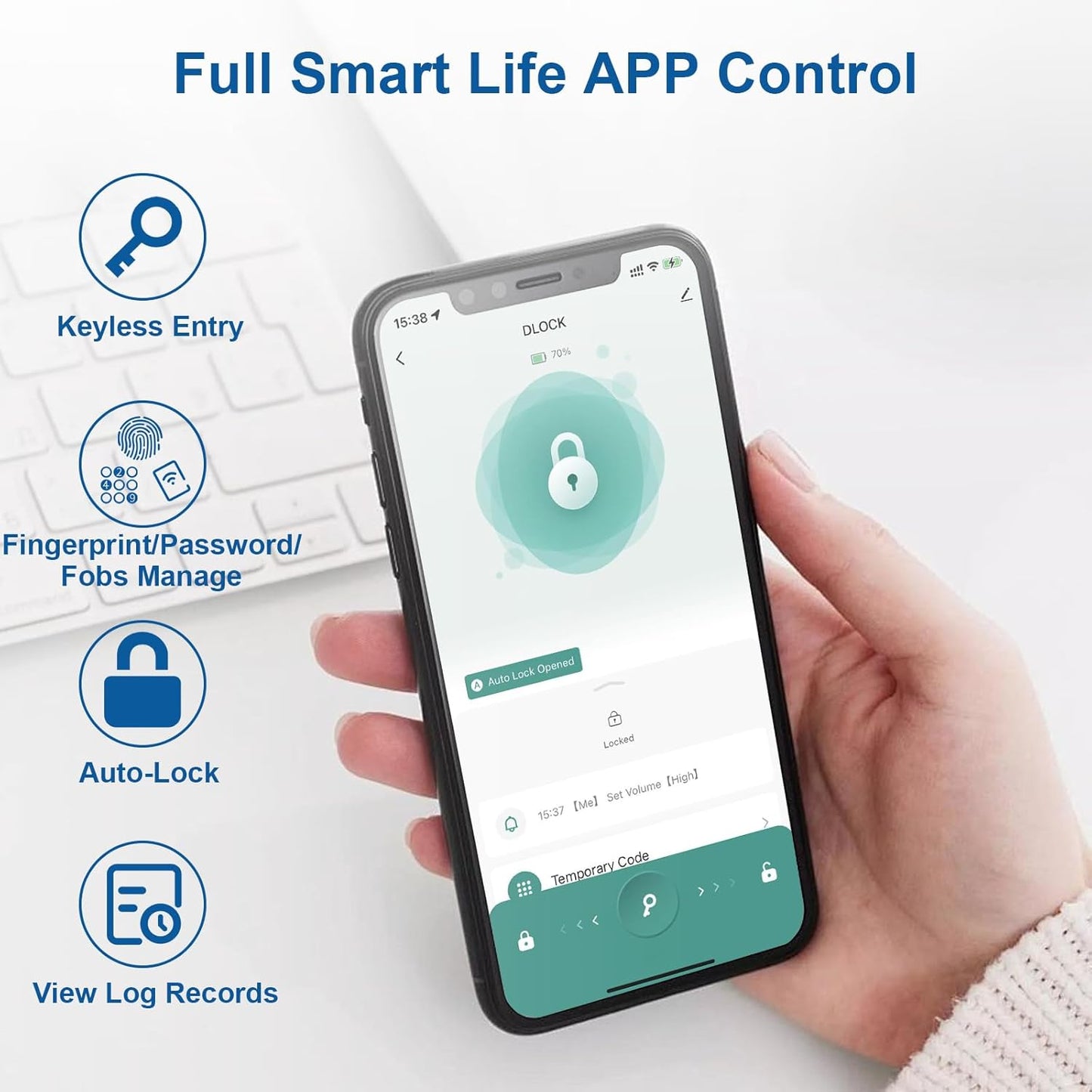 6-in-1 Smart Fingerprint Door Lock with App Control, IC Cards, Passwords, Keys - Biometric Lock for Bedroom Apartment in Coffee Brown