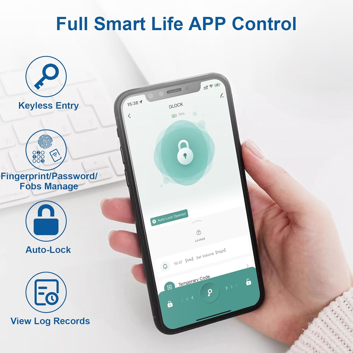 6-in-1 Smart Fingerprint Door Lock with App Control, IC Cards, Passwords, Keys - Biometric Lock for Bedroom Apartment in Coffee Brown