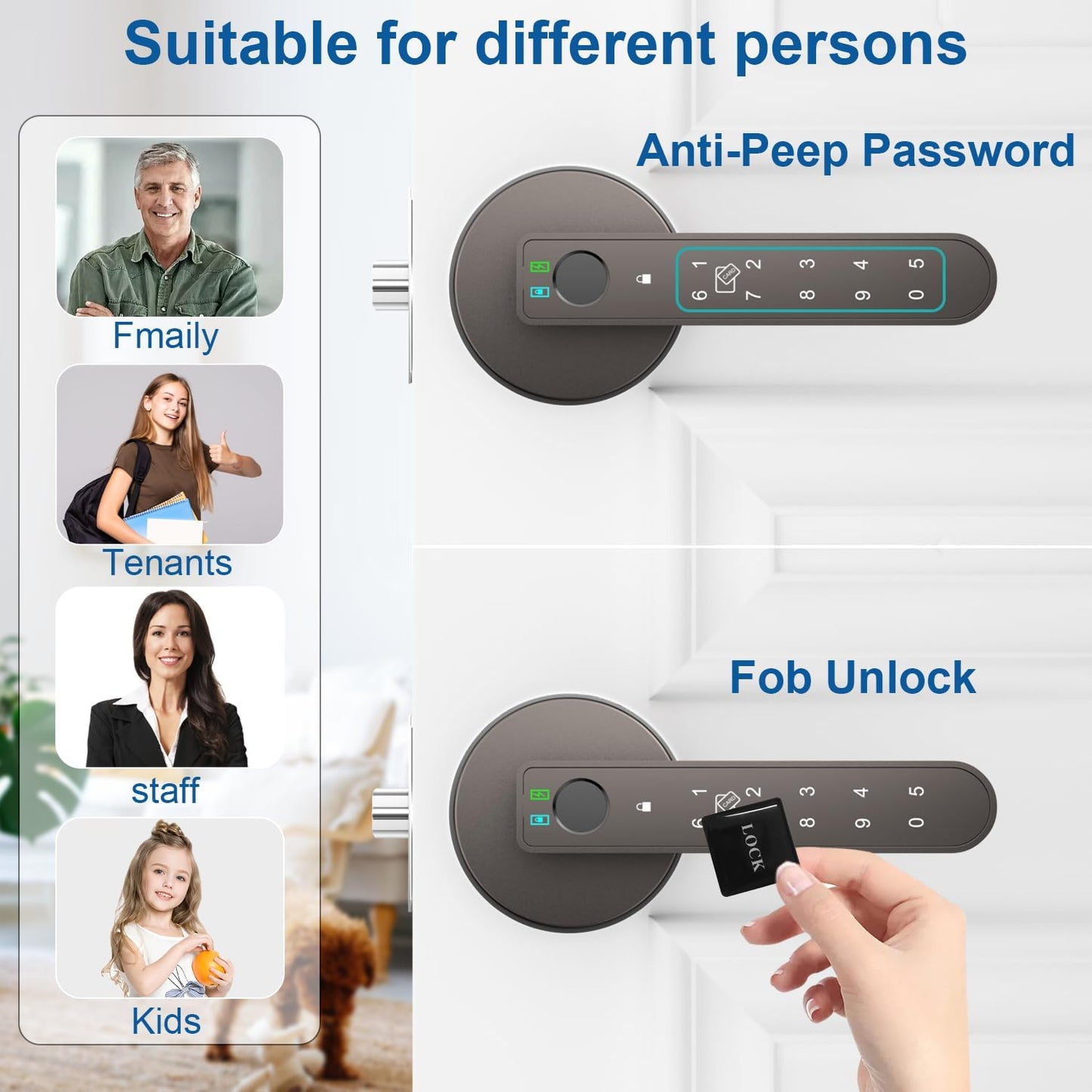 6-in-1 Smart Fingerprint Door Lock with App Control, IC Cards, Passwords, Keys - Biometric Lock for Bedroom Apartment in Coffee Brown