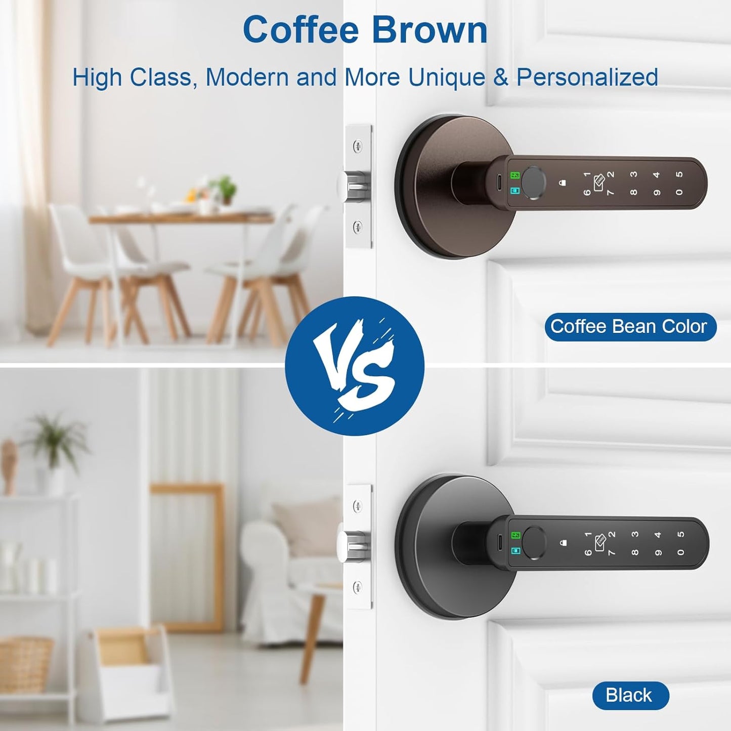 6-in-1 Smart Fingerprint Door Lock with App Control, IC Cards, Passwords, Keys - Biometric Lock for Bedroom Apartment in Coffee Brown