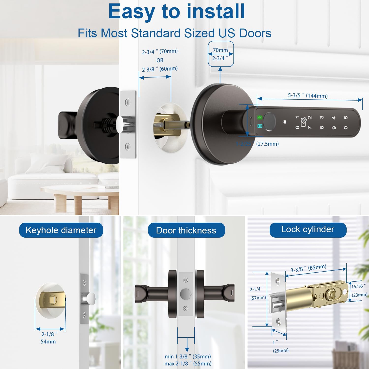6-in-1 Smart Fingerprint Door Lock with App Control, IC Cards, Passwords, Keys - Biometric Lock for Bedroom Apartment in Coffee Brown