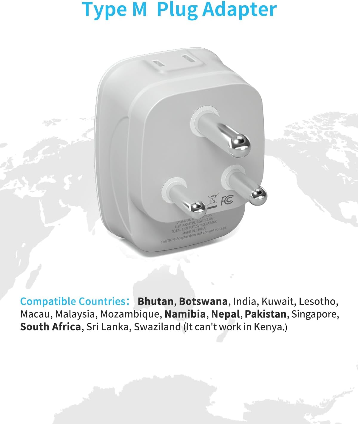 6-in-1 South Africa Power Adapter with USB Ports and American Outlets for Travel to South Africa, Botswana, Namibia, Nepal