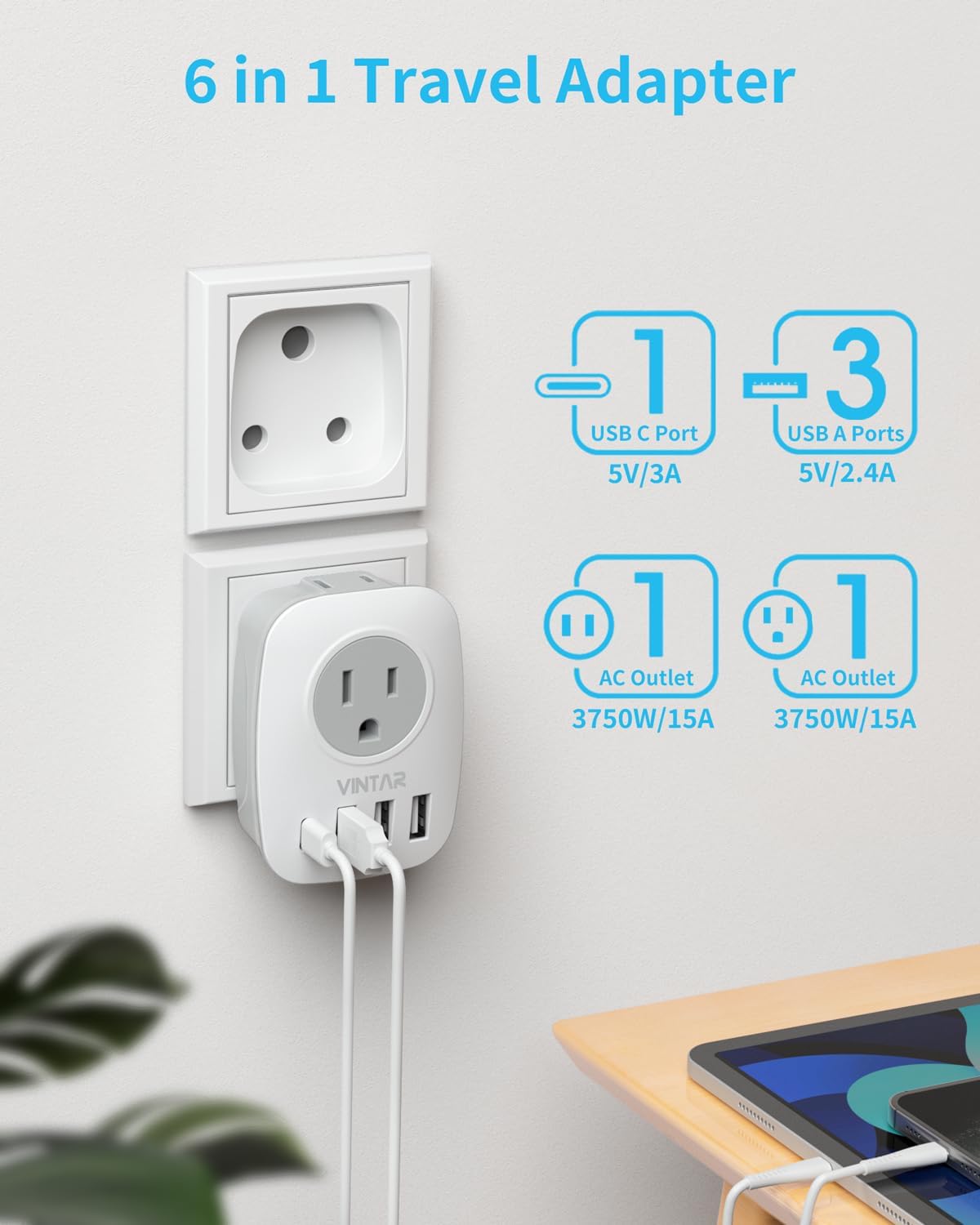6-in-1 South Africa Power Adapter with USB Ports and American Outlets - [3-Pack] Travel Plug Adapter for US to South Africa, Botswana, Namibia