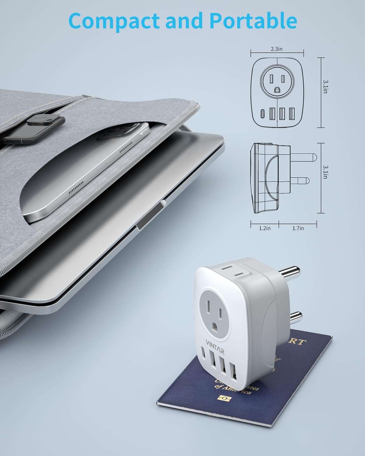 6-in-1 South Africa Power Adapter with USB Ports and American Outlets for Travel to South Africa, Botswana, Namibia, Nepal