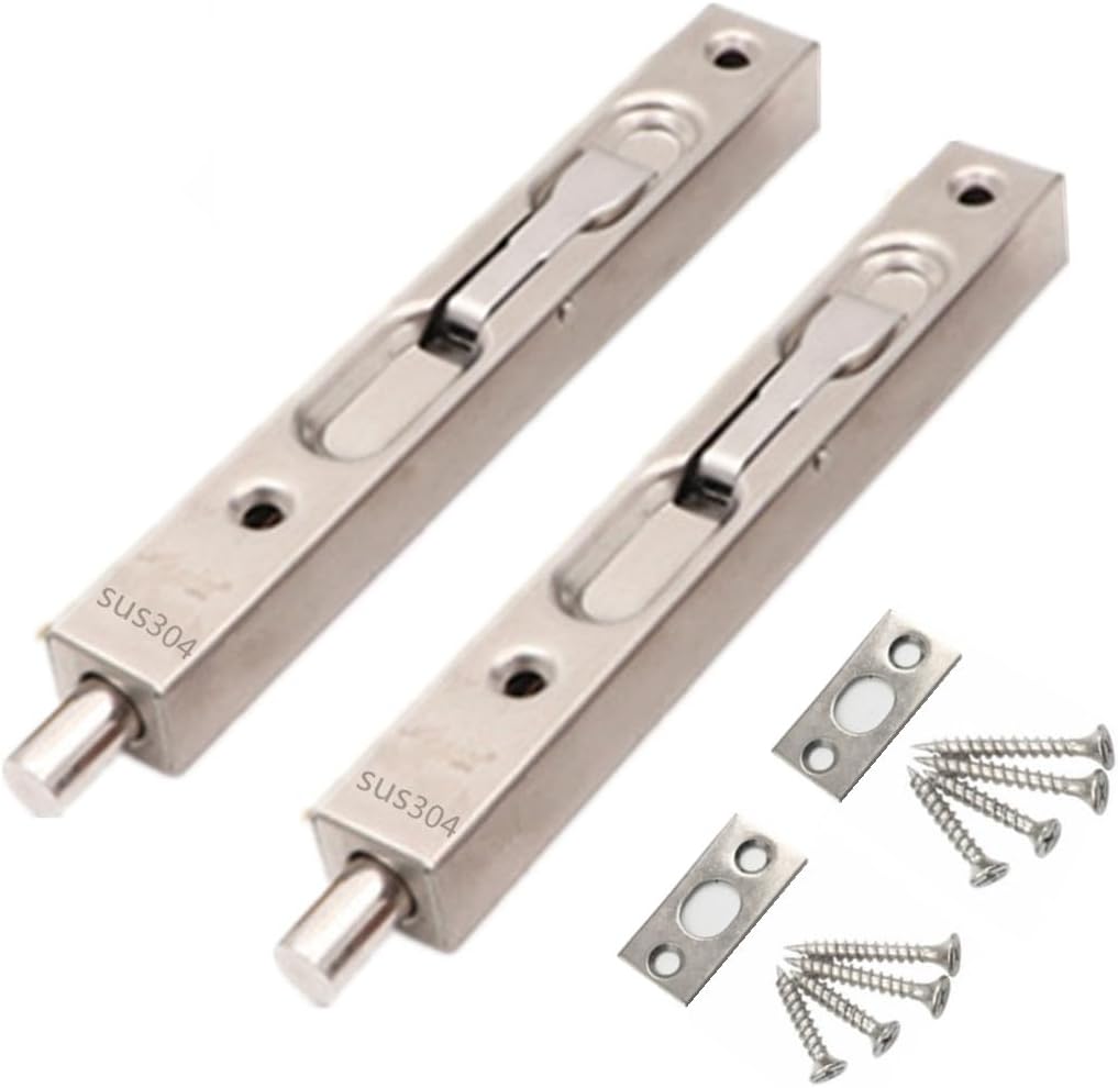 6 inch 304 Stainless Steel Hidden Latch & Bolt for Security Doors - Double Door Lever Action Flush Bolt - French Door Slide Bolt Lock - Silver (2 Pack)