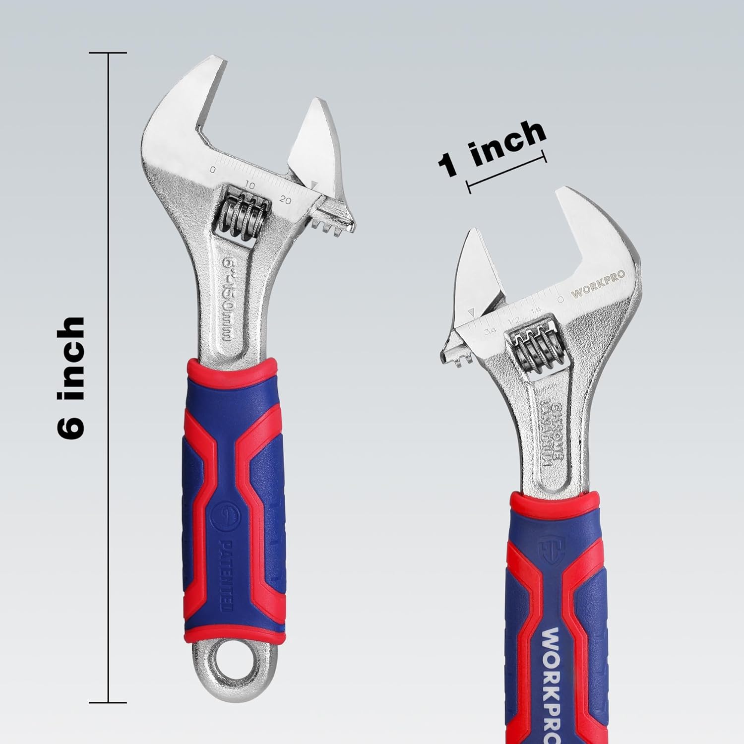 6-inch Adjustable Wrench with Rubber Anti-slip Grip, Wide Jaw Opening, Metric/SAE Scales - Premium Cr-V Steel