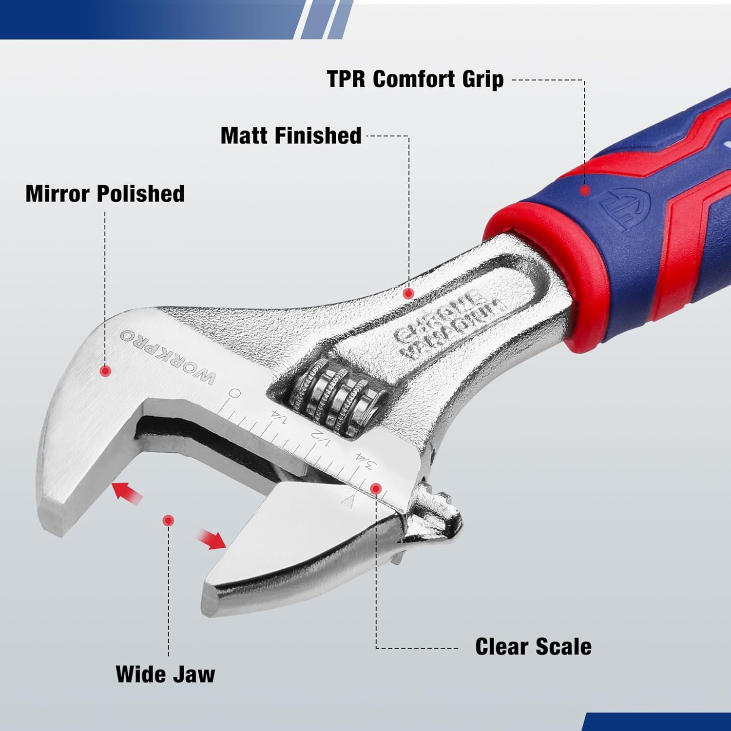 6-inch Adjustable Wrench with Rubber Anti-slip Grip, Wide Jaw Opening, Metric/SAE Scales - Premium Cr-V Steel