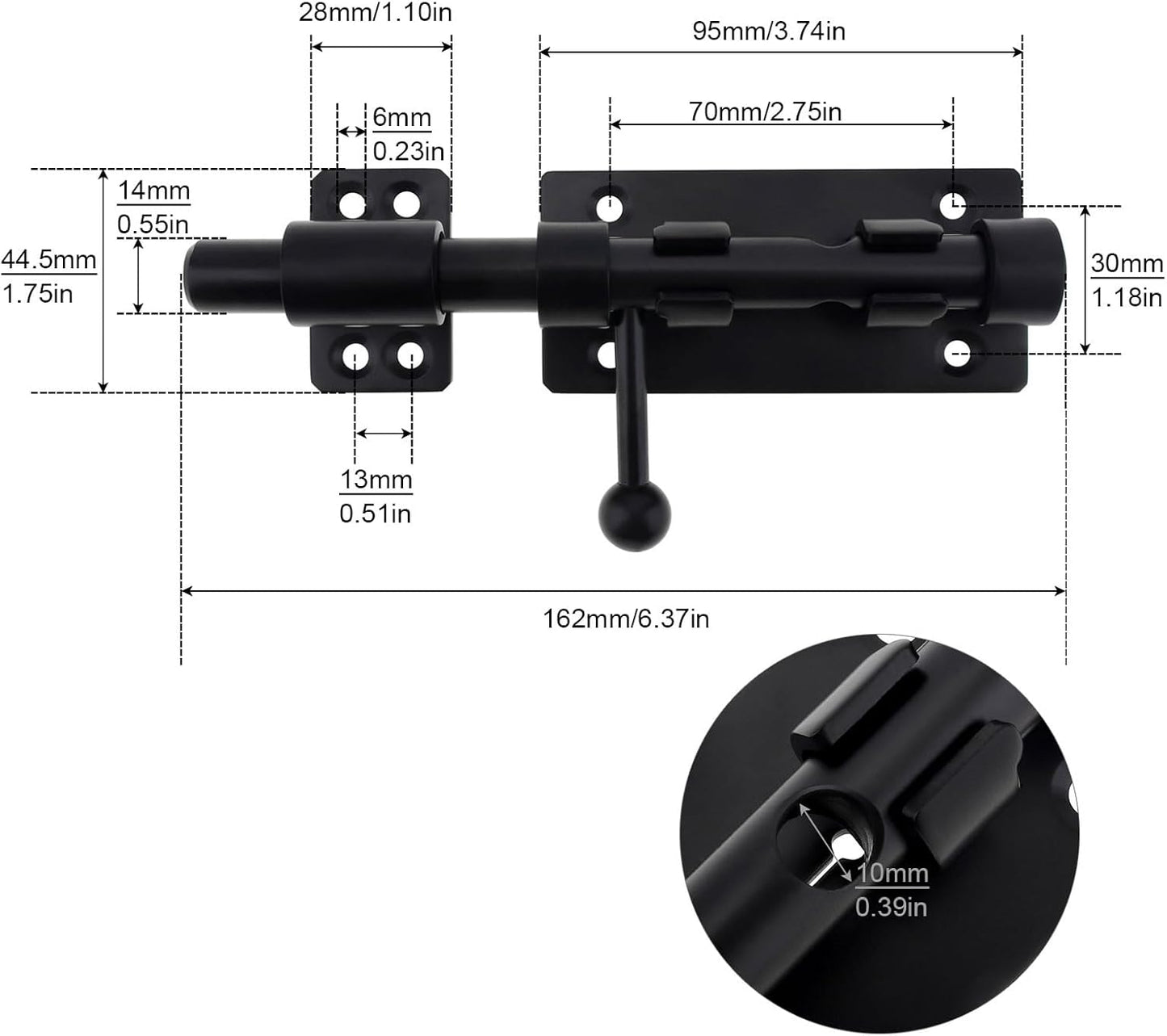 6 Inch Black Barrel Bolt Door Latch Set - Heavy Duty 304 Stainless Steel Gate Lock with Padlock Hole - Barn Slide Lock for Security
