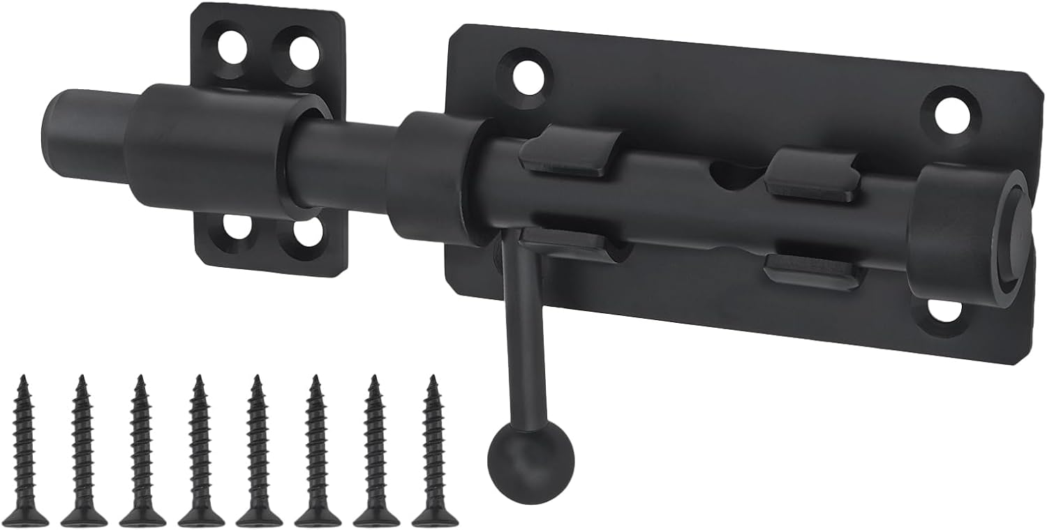 6 Inch Black Barrel Bolt Door Latch Set - Heavy Duty 304 Stainless Steel Gate Lock with Padlock Hole - Barn Slide Lock for Security