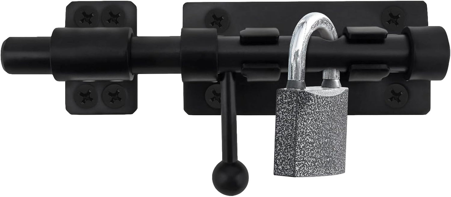 6 Inch Black Barrel Bolt Door Latch Set - Heavy Duty 304 Stainless Steel Gate Lock with Padlock Hole - Barn Slide Lock for Security