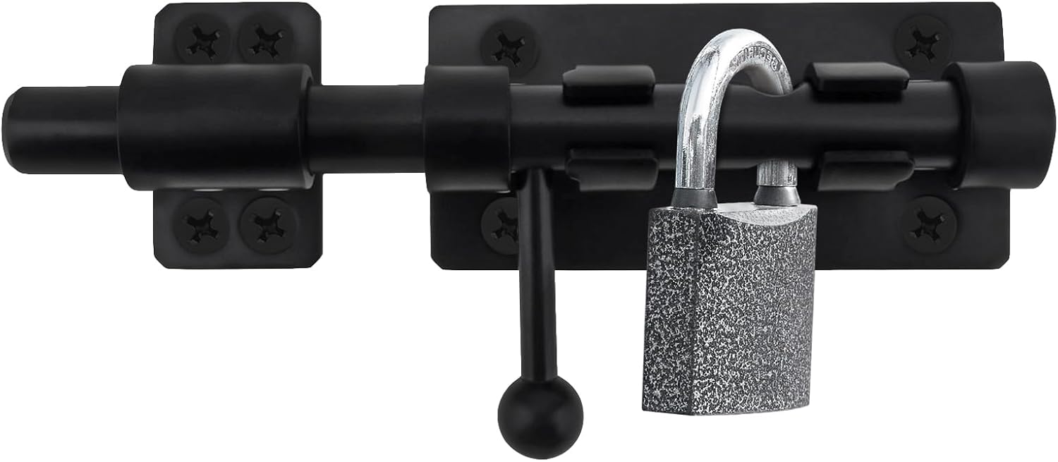 6 Inch Black Barrel Bolt Door Latch Set - Heavy Duty 304 Stainless Steel Gate Lock with Padlock Hole - Barn Slide Lock for Security
