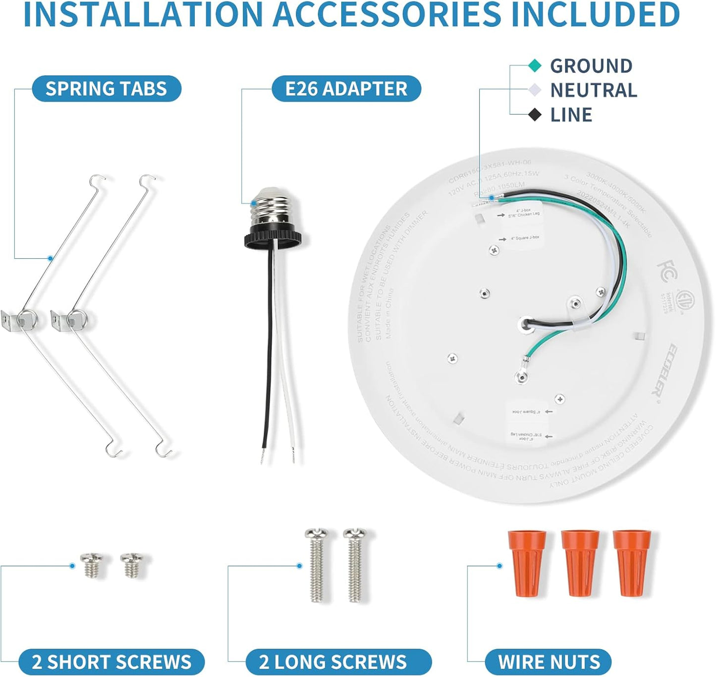 6-Inch ECOELER 3CCT Dimmable LED Disk Light 4-Pack, 16.5W 1000Lm, 3000K/4000K/5000K, J-Box/Recessed Can Compatible, ETL & FCC Listed