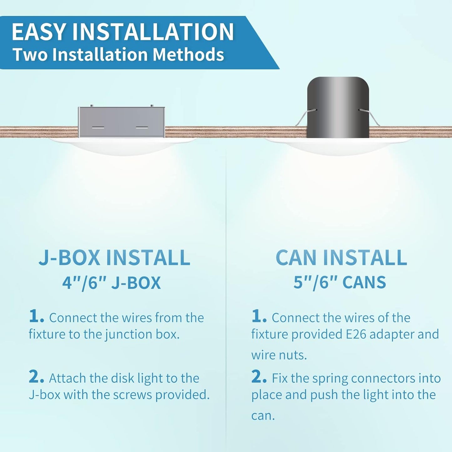 6-Inch ECOELER 3CCT Dimmable LED Disk Light 4-Pack, 16.5W 1000Lm, 3000K/4000K/5000K, J-Box/Recessed Can Compatible, ETL & FCC Listed