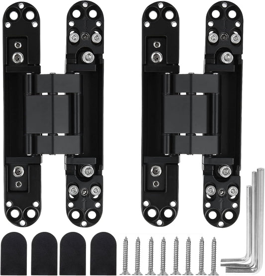 6 Inch Hidden Door Hinges Set, Zinc Alloy Heavy Duty Invisible Hinge, 180 Degree Swing Concealed Hinge - 3 Way Adjustable, Black, 6"x2.5"x1" - Pack of 2
