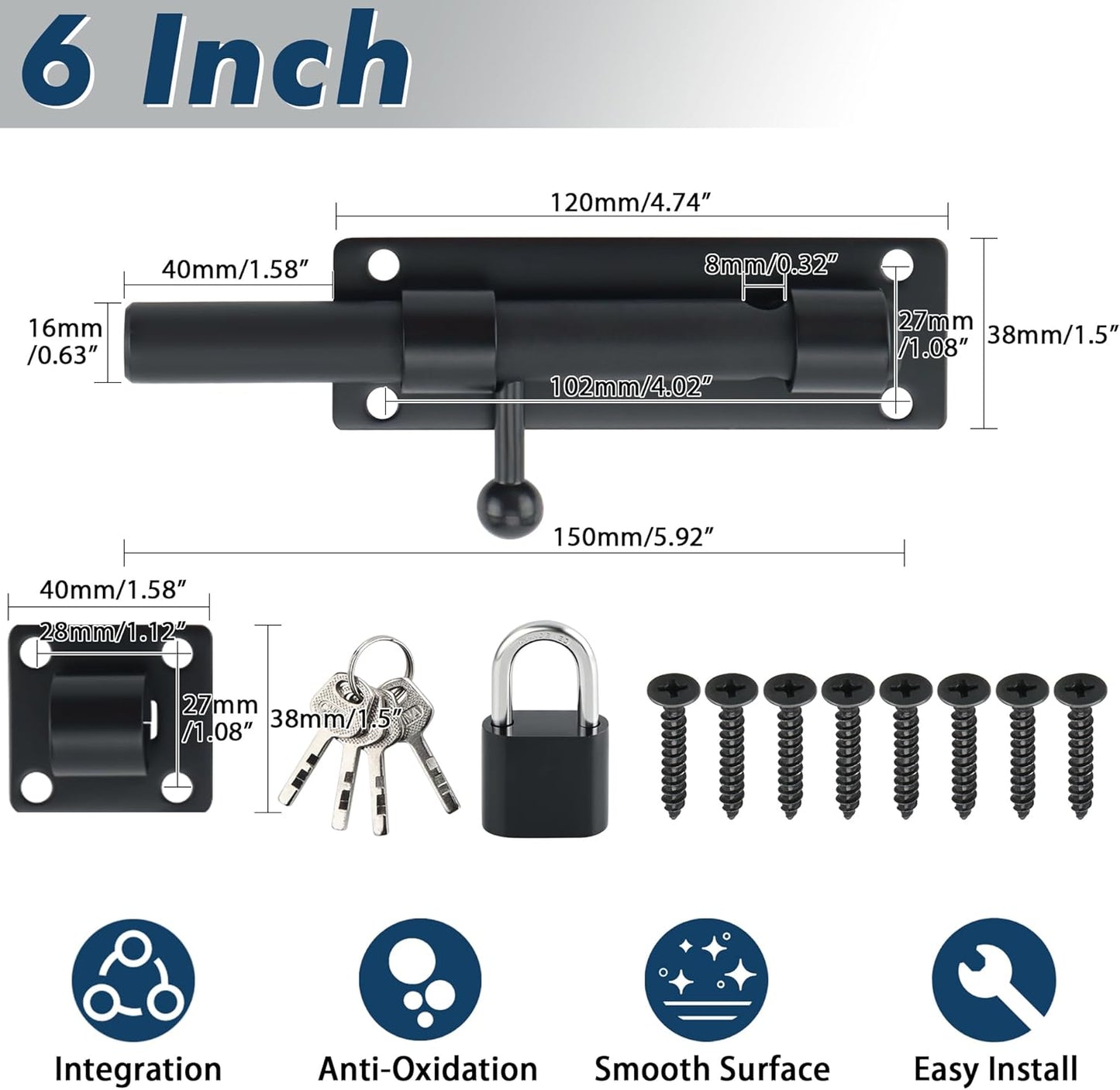 6-Inch Matte Black Stainless Steel Barrel Bolt Latch for Fence, Wooden, Barn Doors - Heavy Duty Slide Lock for Interior/Exterior Use - 1 Pack