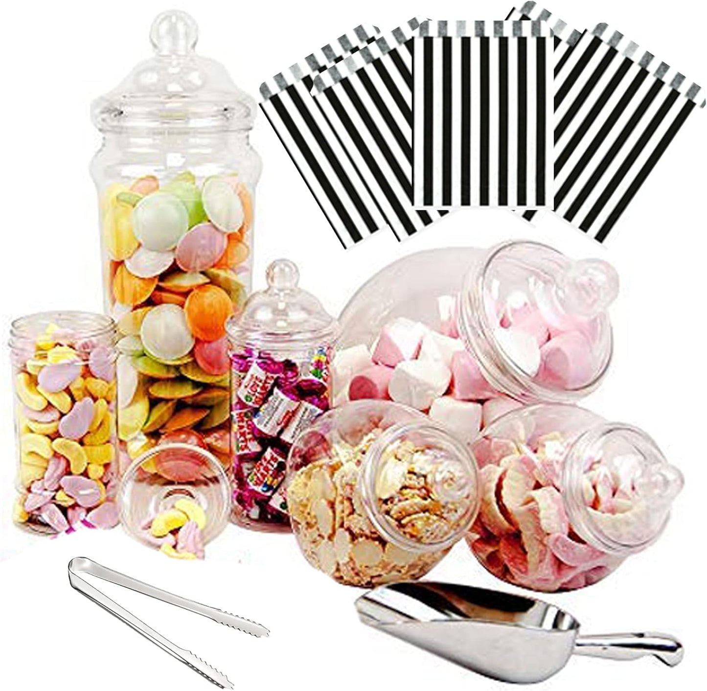 6 Jar Purple Square Retro Pick & Mix Candy Buffet Kit Party Pack with Scoop & Tongs - Victorian Sweet Shop Theme, Black Stripe Bags