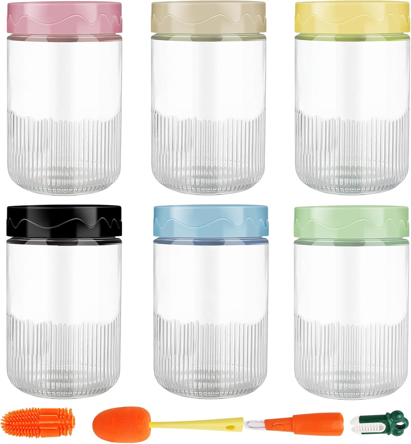6-Pack 16 oz Glass Jars with Airtight Lids for Overnight Oats and Snacks - Leak Proof Mason Jars with Cleaning Brush
