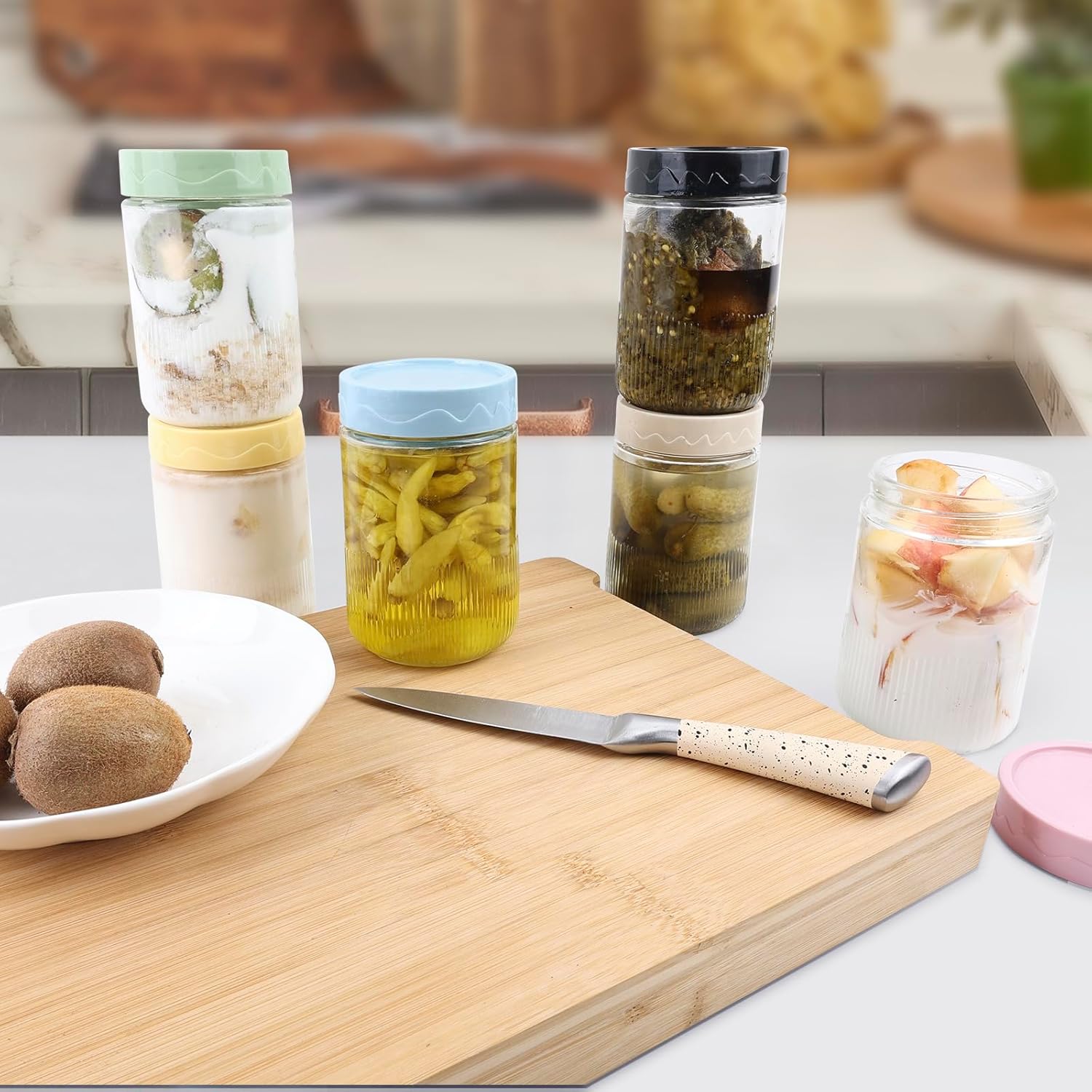 6-Pack 16 oz Glass Jars with Airtight Lids for Overnight Oats and Snacks - Leak Proof Mason Jars with Cleaning Brush